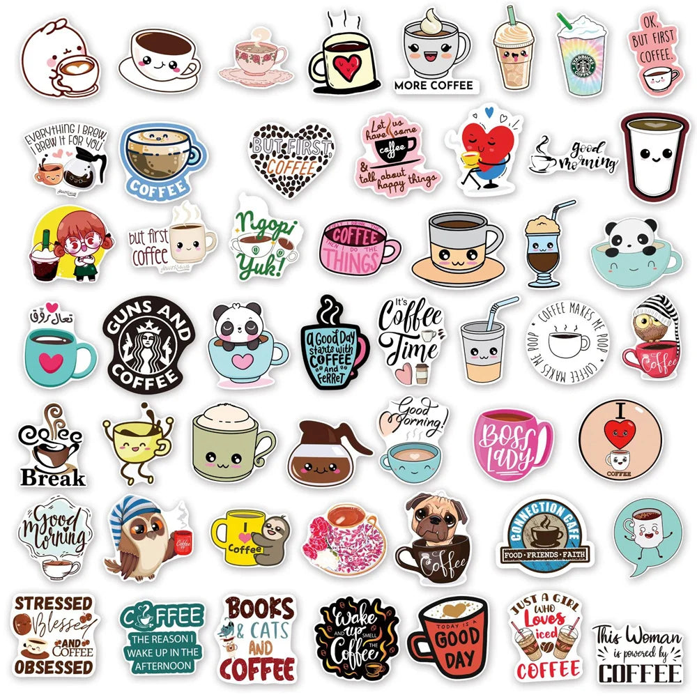 50 pieces of cartoon coffee personalized graffiti stickers, personalized fashion and creative DIY trend decorative stickers, suitable for refrigerator, guitar, helmet, skateboard, popular and exquisite decal toys