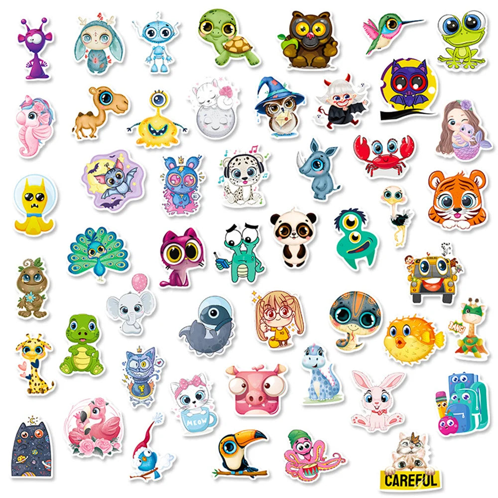50PCS Cute Cartoon Big Eyes Stickers Cute Animal Head Stickers Cartoon Children Stationery Stickers