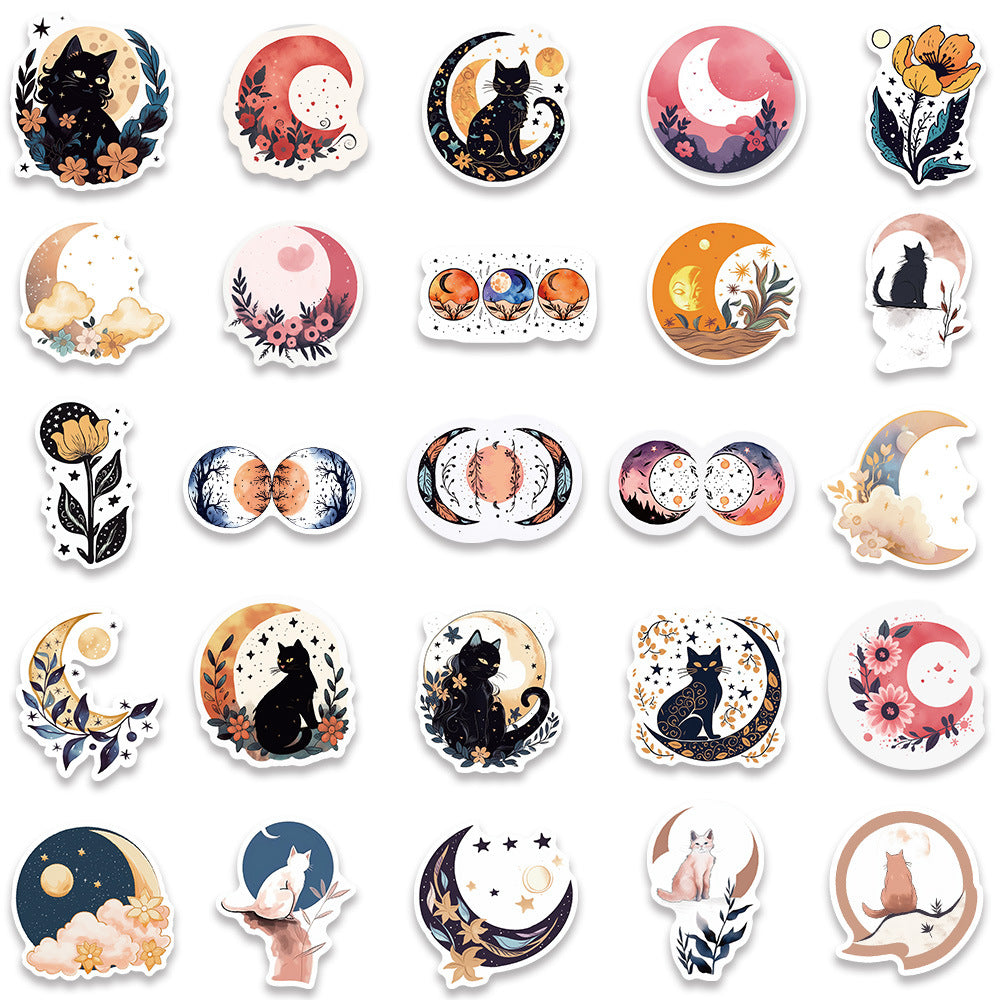 50PCS Moon & Cat Doodle Stickers - Celestial Night Adventure Vinyl Decals for Journals, Dream Catcher Kits & Cozy Bedroom Decor