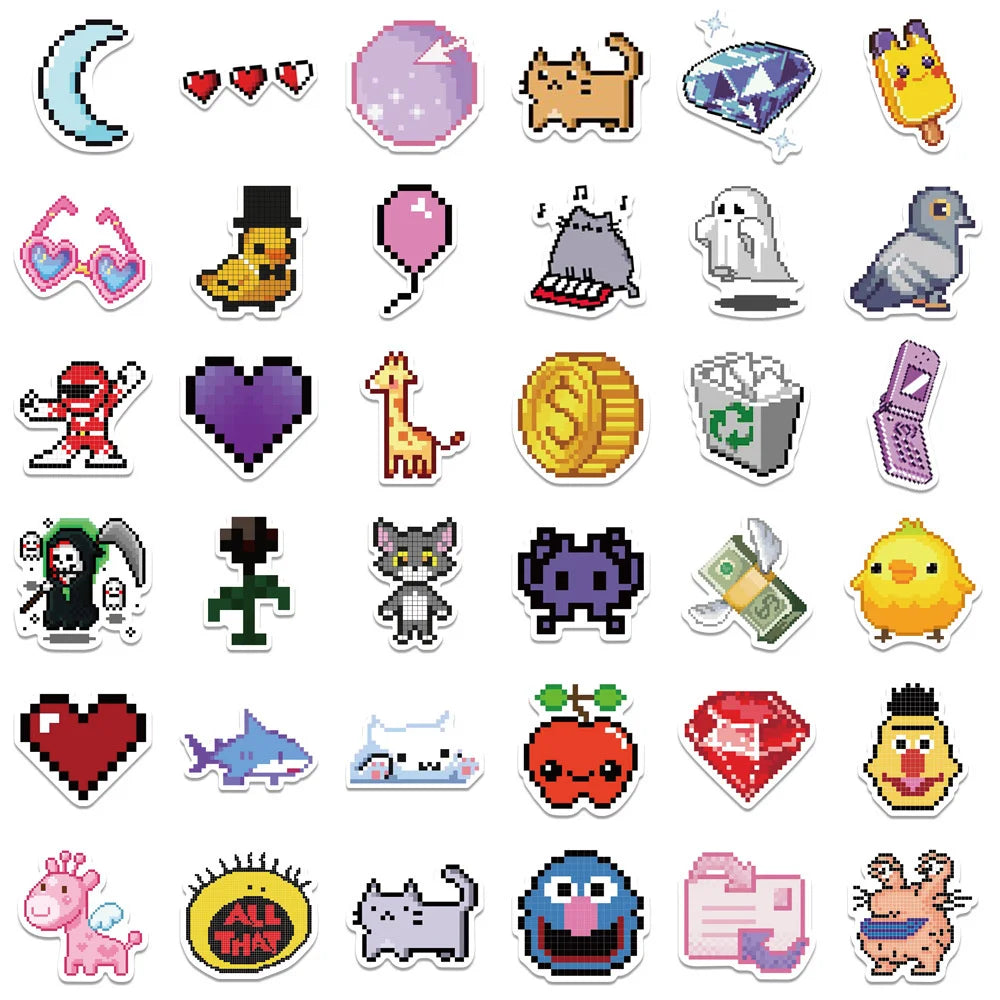 64PCS Mosaic pixel-style cartoon graffiti stickers, personalized fashion and creative trend DIY exquisite decorative stickers, refrigerator, skateboard, water cup, helmet, guitar, popular sticker toys