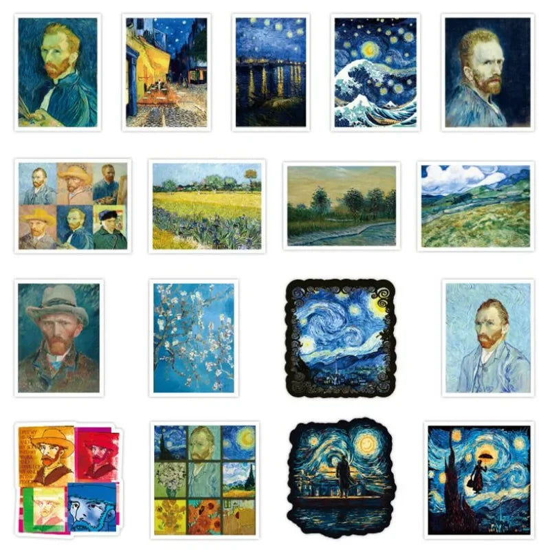 50PCS Cartoon Van Gogh Oil Painting Exhibition Diary Book Graffiti Luggage Laptop DIY Helmet Decoration Sticker