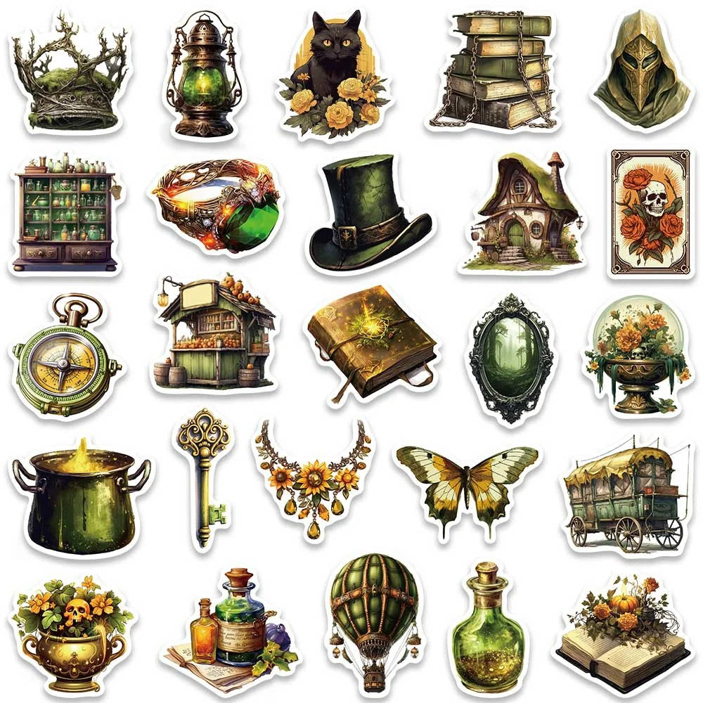 50PCS Jungle Magic Doodle Stickers, Vintage Cartoon Flora & Mystical Creature Decals for Adventurous Planners