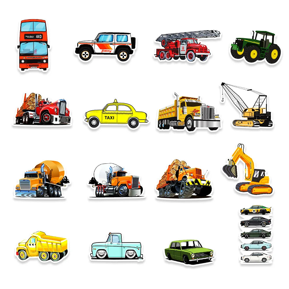 50PCS Cartoon Car Stickers Transportation Graffiti Motorcycle iPad DIY Wall Stickers Toys Waterproof Decoration