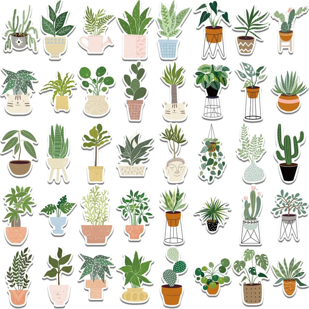 44PCS Cartoon Ins Style Greenery Potted Plants Graffiti Stickers Personalized Fashion Creative Trend DIY Decorative Stickers Ipad Helmet Refrigerator Skateboard Popular Decals Toys