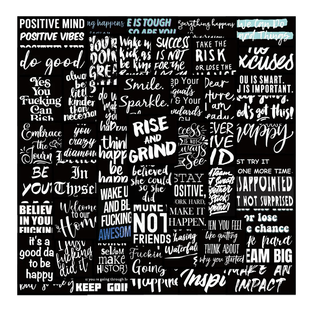 61PCS of black background inspirational English slogan graffiti stickers, personalized, fashionable, creative and exquisite decorative decals, toy suitcases, laptops, ipads, scooters and popular stickers