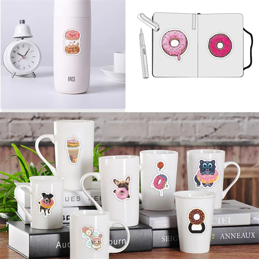 50PCS Cartoon Donut Food Cute Creative Doodle Sticker Bicycle Skateboard DIY Water Cup Car Guitar Laptop Computer