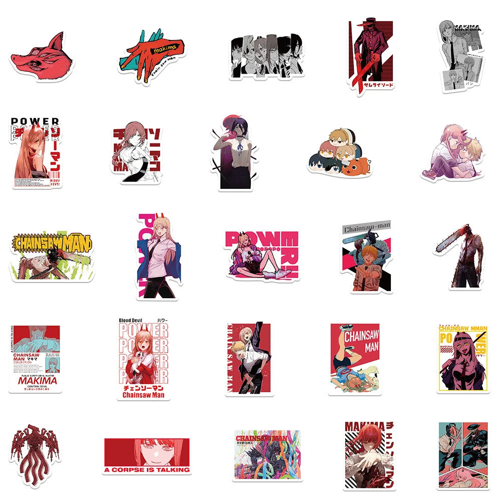 50 pieces of cartoon anime chainsaw man graffiti stickers, personalized, fashionable, creative and trendy DIY exquisite decorative stickers, refrigerator, water cup, skateboard helmet, guitar, popular decal toys