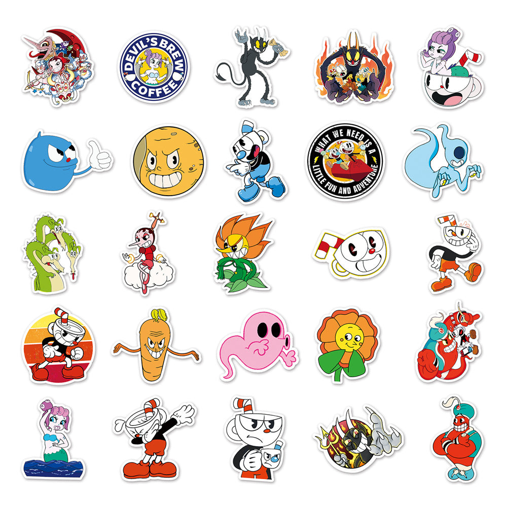 50PCS Classic Cartoon Cute Game Cuphead Series Doodle Stickers Exquisite Fashion Creative DIY Decorative Decals Suitable for Mugs, Helmets, Skateboards, Refrigerators, Stationery Boxes