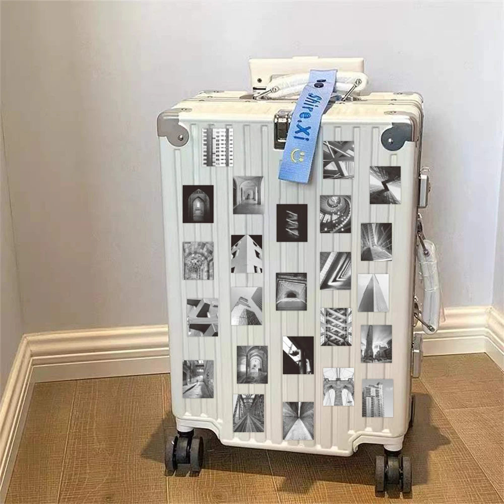 50PCS Cartoon Black and White Art Building Graffiti Stickers Personalized Fashion Creative DIY Exquisite Decorative Decals Toys for Water Cups Laptop Skateboard Computer Popular Stickers