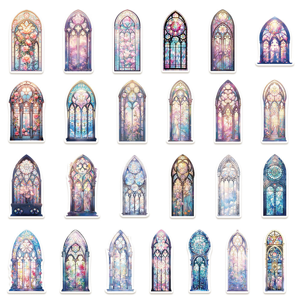 50PCS European Window Doodle Stickers, Vintage Architectural Cartoon Decals for a View to Another World