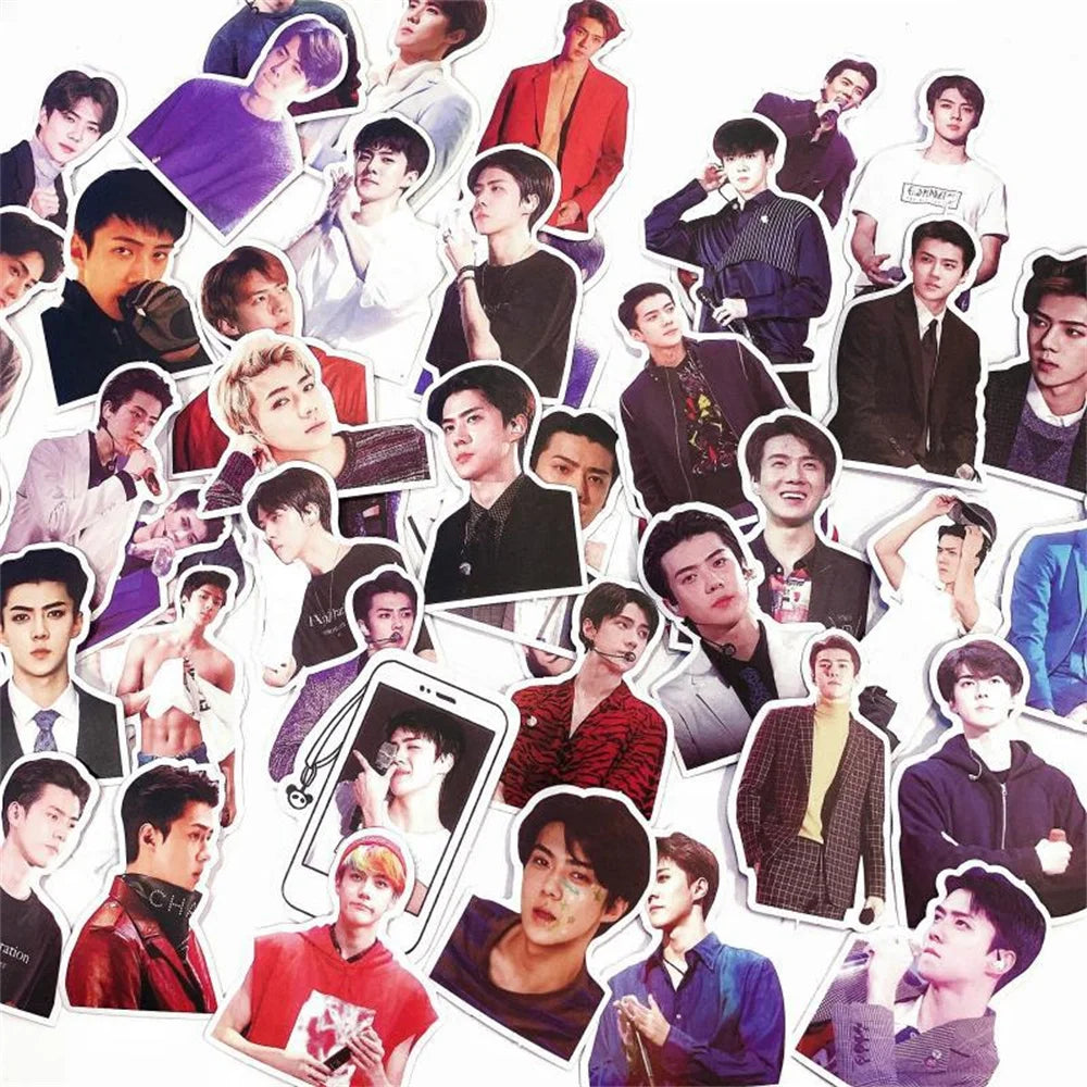 56PCS Korean Star Sehun KPOP Singer Exquisite Graffiti Stickers Personalized Creative Trend Decorative Stickers Luggage Laptop Refrigerator Helmet Fashion Popular Toy Decals
