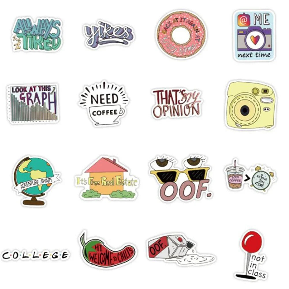 50PCS Cartoon Small Fresh Letters Notebook Graffiti Suitcase Skateboard Decoration Waterproof Stickers Cup Guitar