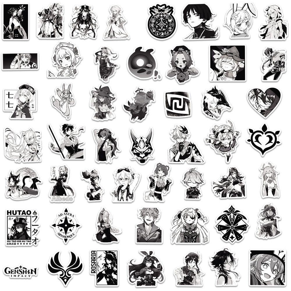 50PCS Cartoon Black & White Genshin Impact Game Doodle Stickers Anime Character Merchandise DIY Decorative Decals for Computer Desks, Guitars, Water Bottles, Skateboards, and Stationery Cases