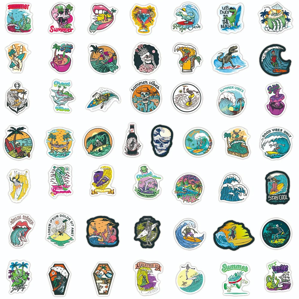 50PCS Surf Skull Summer Beach Personality Graffiti Sticker For Luggage Laptop iPad Guitar Skateboard Cup Sticker