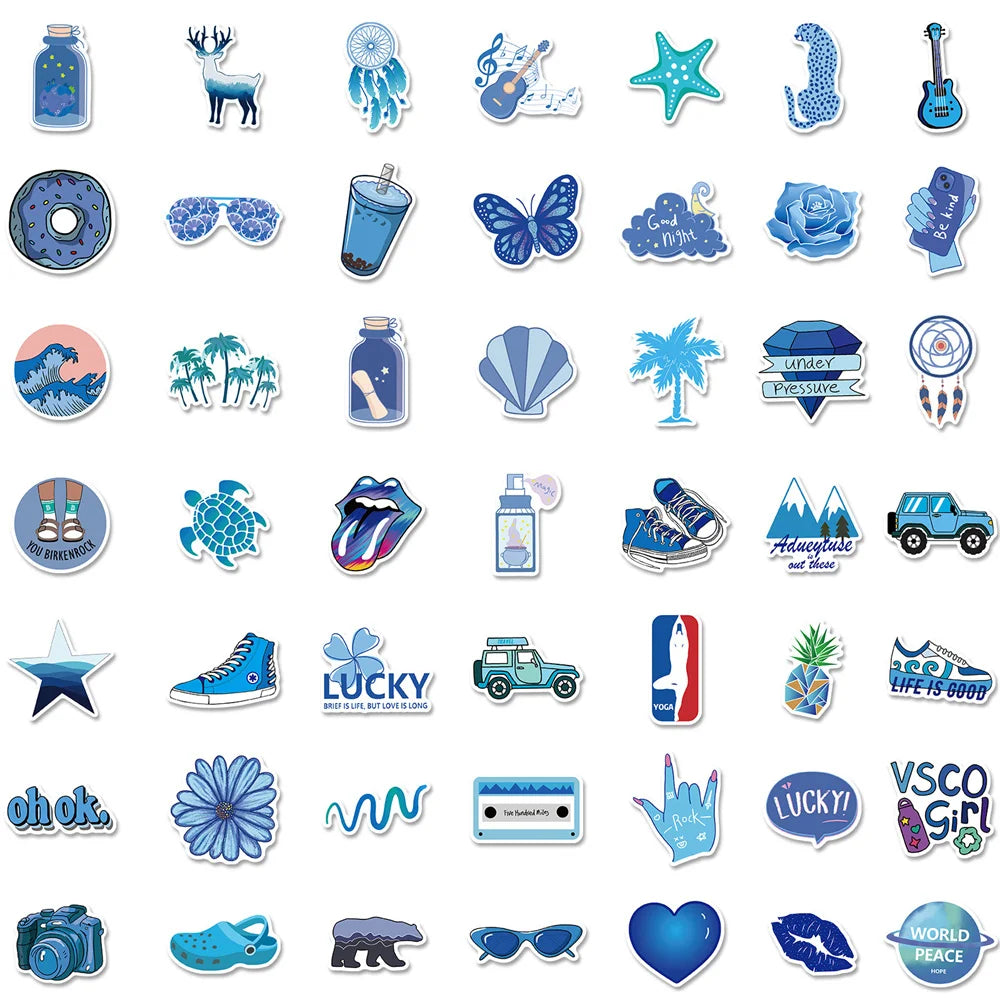 100PCS Blue Small Fresh Mix Graffiti Stickers Personalized Fashion Creative Trend DIY Decorative Stickers Refrigerator Helmet Guitar Skateboard Popular Decals Toys