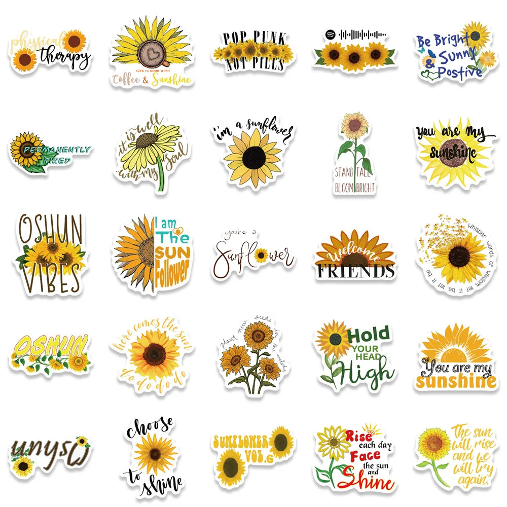 50PCS Cartoon Sunflower Motivational Quotes Doodle Stickers Exquisite Creative Decorative Decals Perfect for Water Bottles, Guitars, Skateboards, Pencil Cases, and Notebooks