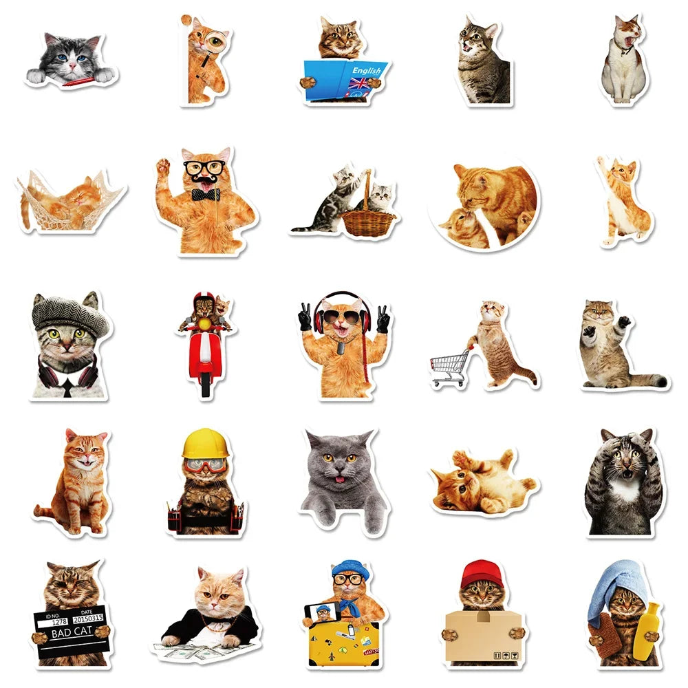 50PCS Realistic Cute Cat Sticker Funny Animal Suitcase Guitar Computer Waterproof Skateboard Refrigerator Cup