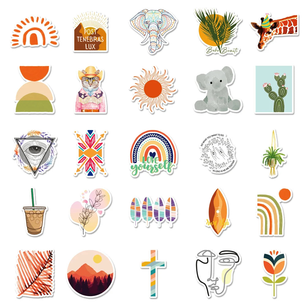 50 pieces of Bohemian-style, fresh and simple graffiti stickers featuring toys, luggage, laptops, iPads, skateboards, and more. These are waterproof stickers