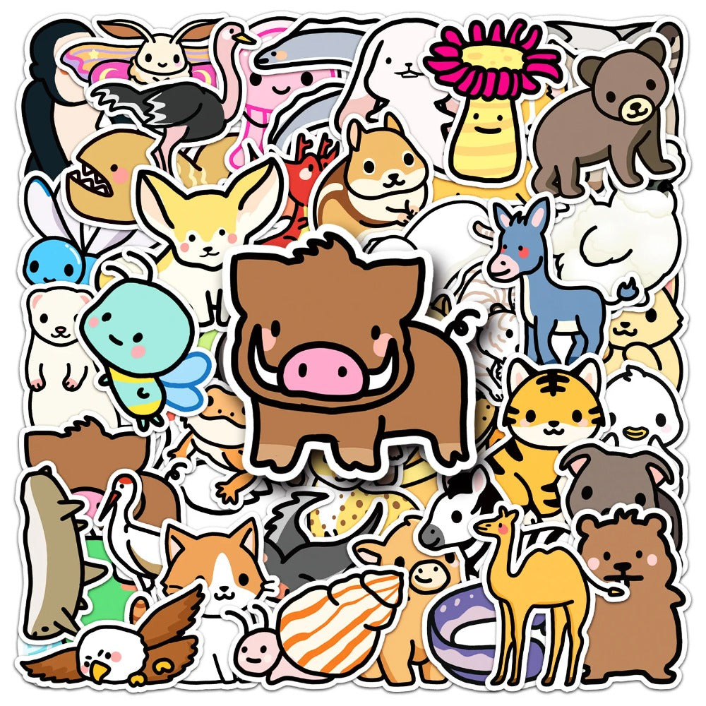 50PCS Cute Animal Doodle Stickers, Cartoon Kawaii Vinyl Decals for Laptop, Journal, Water Bottle, Gift