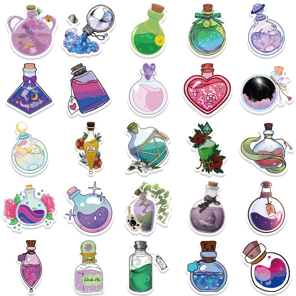 50PCS Cartoon Magic Potion Bottle Doodle Stickers Exquisite and Stylish DIY Journal Decorative Decals Suitable for Phone Cases, Laptops, Luggage, Helmets, Guitars, and Stationery Boxes