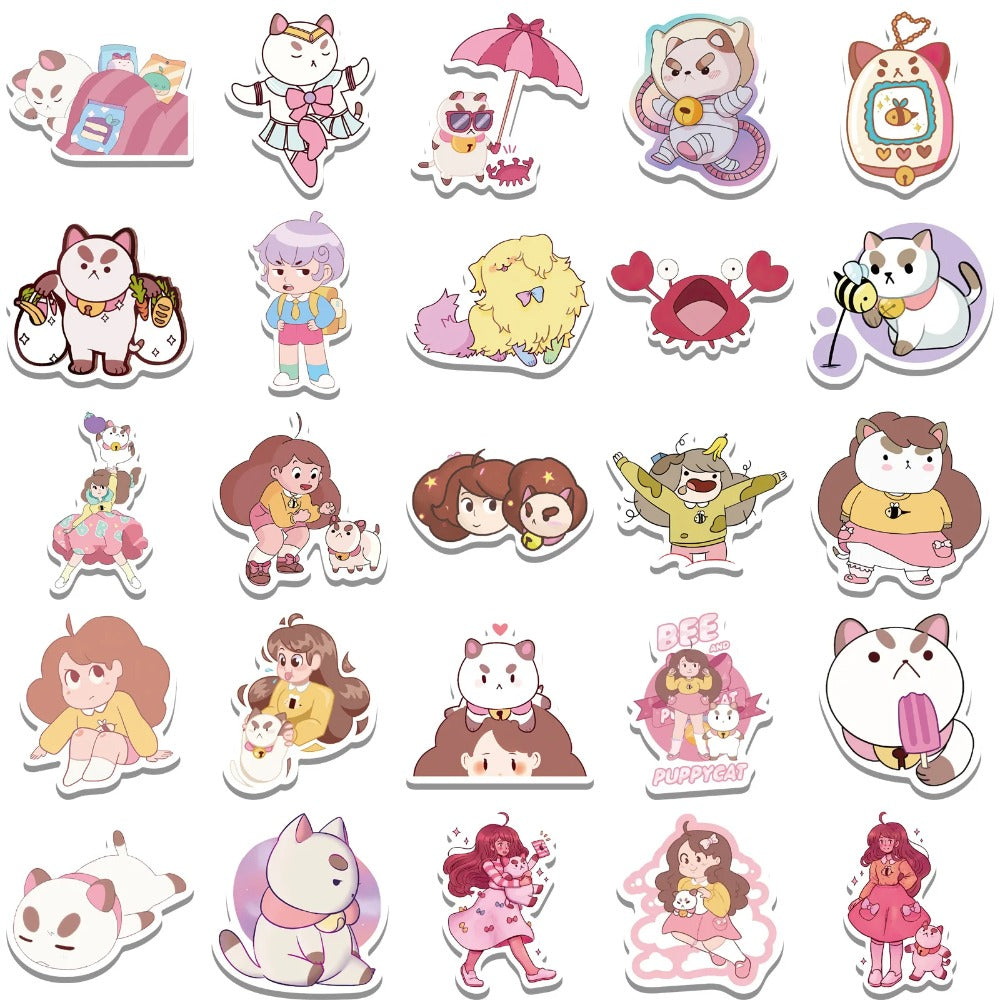 50PCS Cartoon Bee Girl and Dog Cat Doodle Stickers Exquisite and Stylish DIY Journal Decorative Decals Suitable for Phone Cases, Laptops, Luggage, Helmets, Guitars, and Stationery Boxes