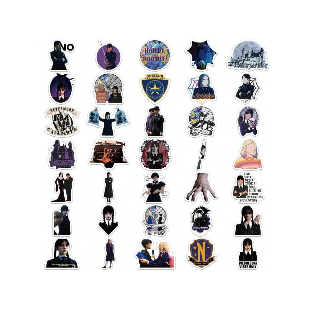 50PCS Wednesday Doodle Stickers - Stylish Creative DIY Decals for Guitars, Skateboards, Refrigerators, Bags, Helmets, Stationery Boxes, and Desktop Decor