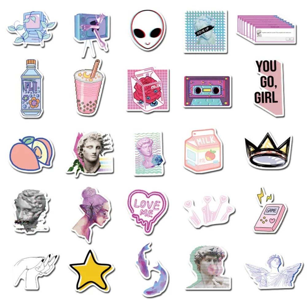 50PCS Pastel Psychedelic Vaporwave Stickers - Kawaii Synthwave Doodle Decals for Nostalgia Distortion Journals, Digital Dream Diaries & Retro-Futurist Collage Art