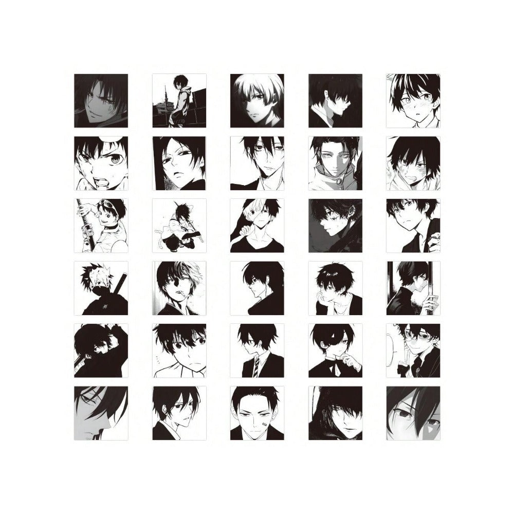 60PCS Anime Black & White Boy Avatar Series Doodle Stickers Exquisite, Fashionable, Creative DIY Journal Decorations Suitable for Luggage, Laptops, Skateboards, Phone Cases, and Stationery Boxes