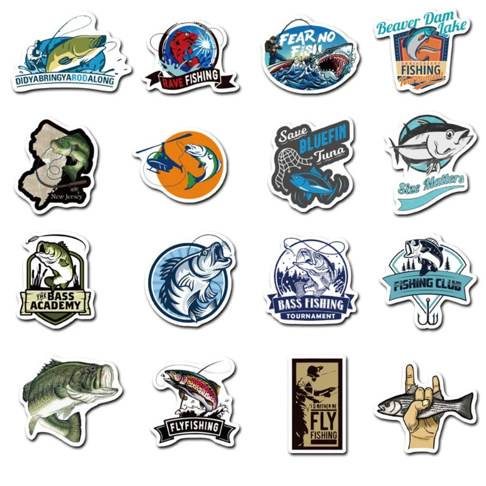 50PCS Lakeside Fishing Doodle Stickers, Serene Cartoon Decals of Rods, Hooks, and Tranquil Waters for Relaxation