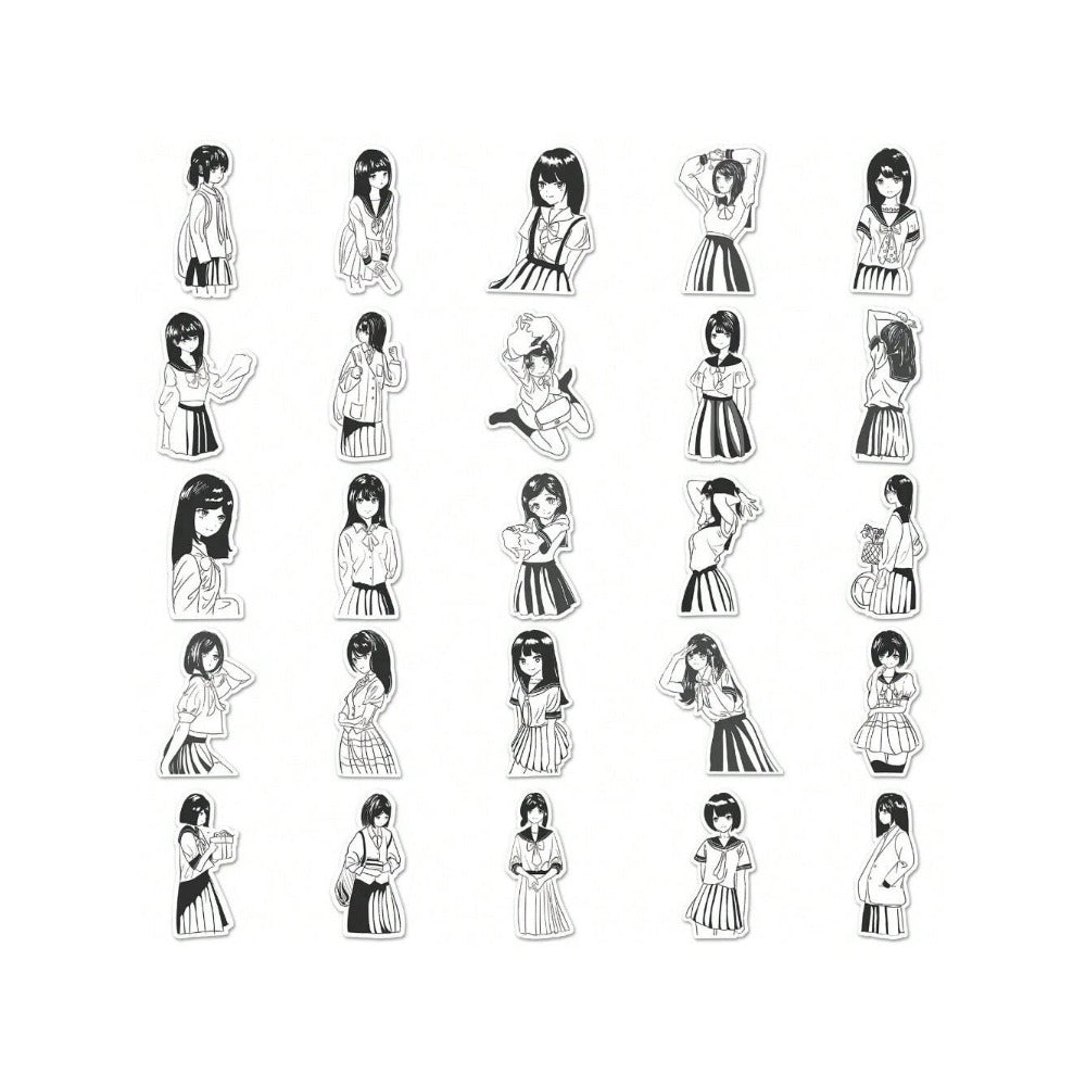 50PCS Black & White JK Uniform Cartoon Girl Doodle Stickers Exquisite DIY Creative Decorative Stickers for Notebooks Suitable for Cups, Suitcases, Refrigerators, Helmets, Guitars, and Stationery Boxes
