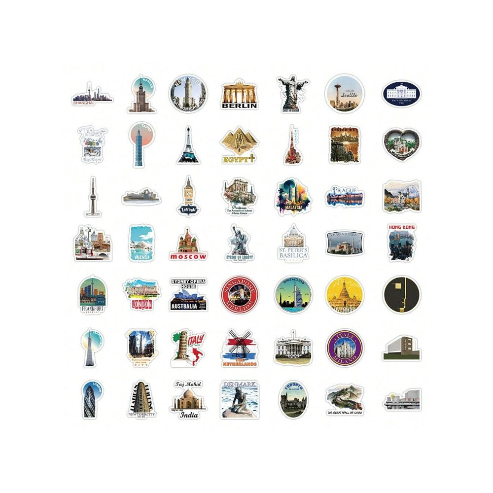 50PCS Cartoon World Famous Buildings Graffiti Stickers Exquisite Creative DIY Journal Decorative Decals Suitable for Notebooks, Refrigerators, Suitcases, Helmets, and Stationery Boxes