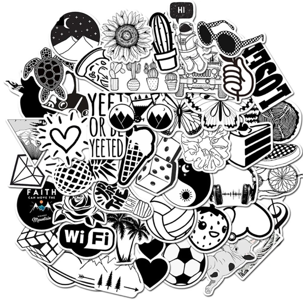 50PCS Cartoon Black & White Minimalist Series Doodle Stickers Exquisite, Fashionable, Creative DIY Journal Decorations Suitable for Water Bottles, Helmets, Skateboards, Refrigerators, Stationery Boxes