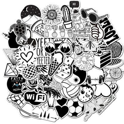 50PCS Cartoon Black & White Minimalist Series Doodle Stickers Exquisite, Fashionable, Creative DIY Journal Decorations Suitable for Water Bottles, Helmets, Skateboards, Refrigerators, Stationery Boxes