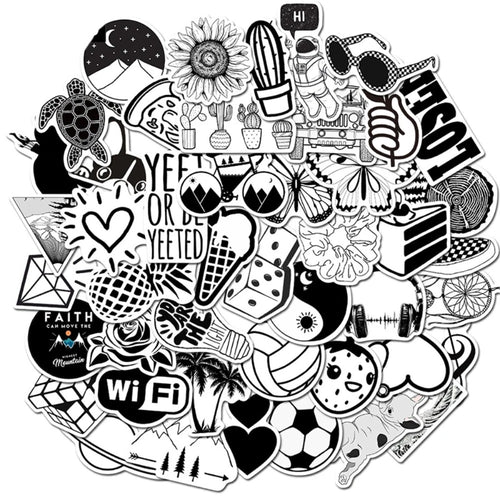 50PCS Cartoon Black & White Minimalist Series Doodle Stickers Exquisite, Fashionable, Creative DIY Journal Decorations Suitable for Water Bottles, Helmets, Skateboards, Refrigerators, Stationery Boxes