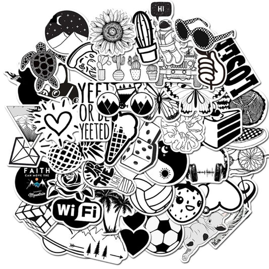 50PCS Cartoon Black & White Minimalist Series Doodle Stickers Exquisite, Fashionable, Creative DIY Journal Decorations Suitable for Water Bottles, Helmets, Skateboards, Refrigerators, Stationery Boxes