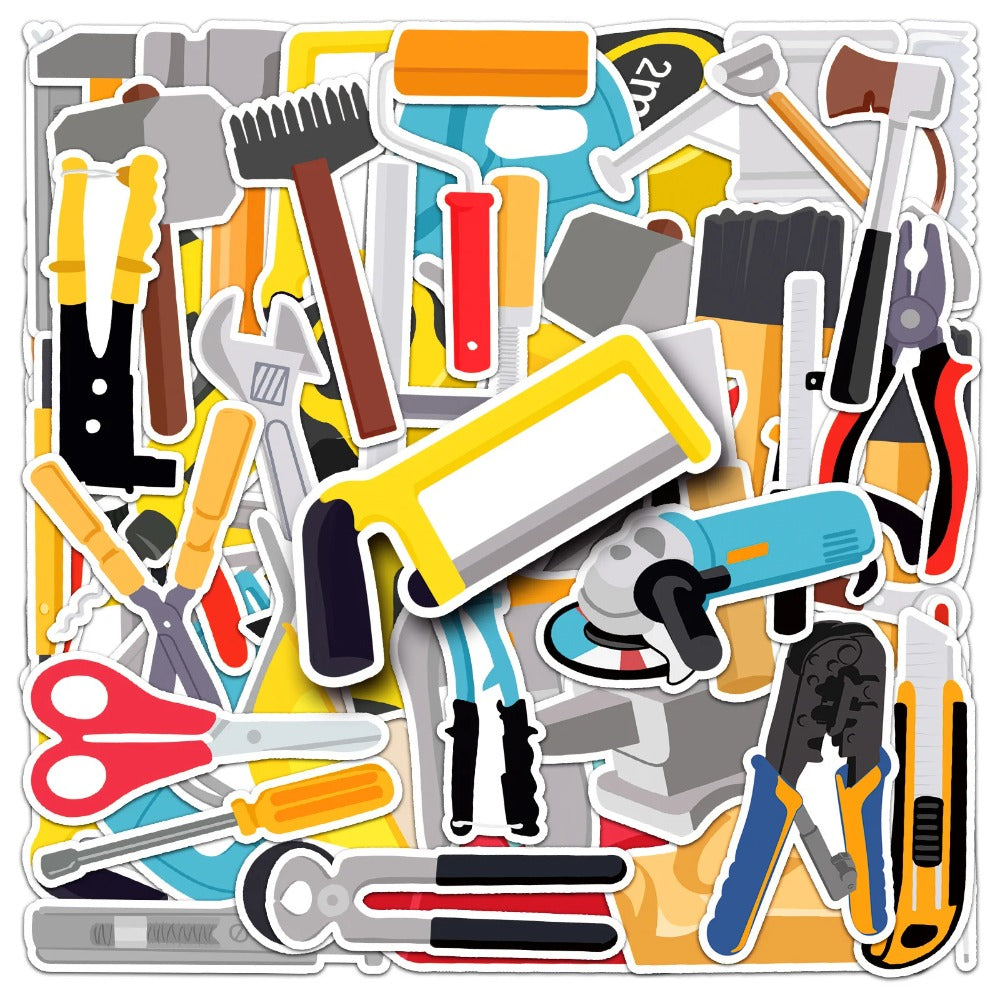 50PCS Cartoon Construction Tools Doodle Stickers Exquisite Creative DIY Journal Decorative Decals Suitable for Skateboards, Laptops, Guitars, Helmets, Water Bottles, and Stationery Cases