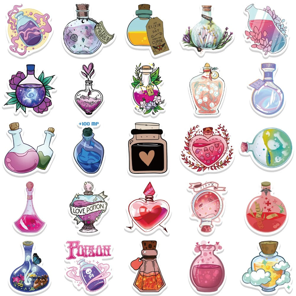 50PCS Cartoon Magic Potion Bottle Doodle Stickers Exquisite and Stylish DIY Journal Decorative Decals Suitable for Phone Cases, Laptops, Luggage, Helmets, Guitars, and Stationery Boxes