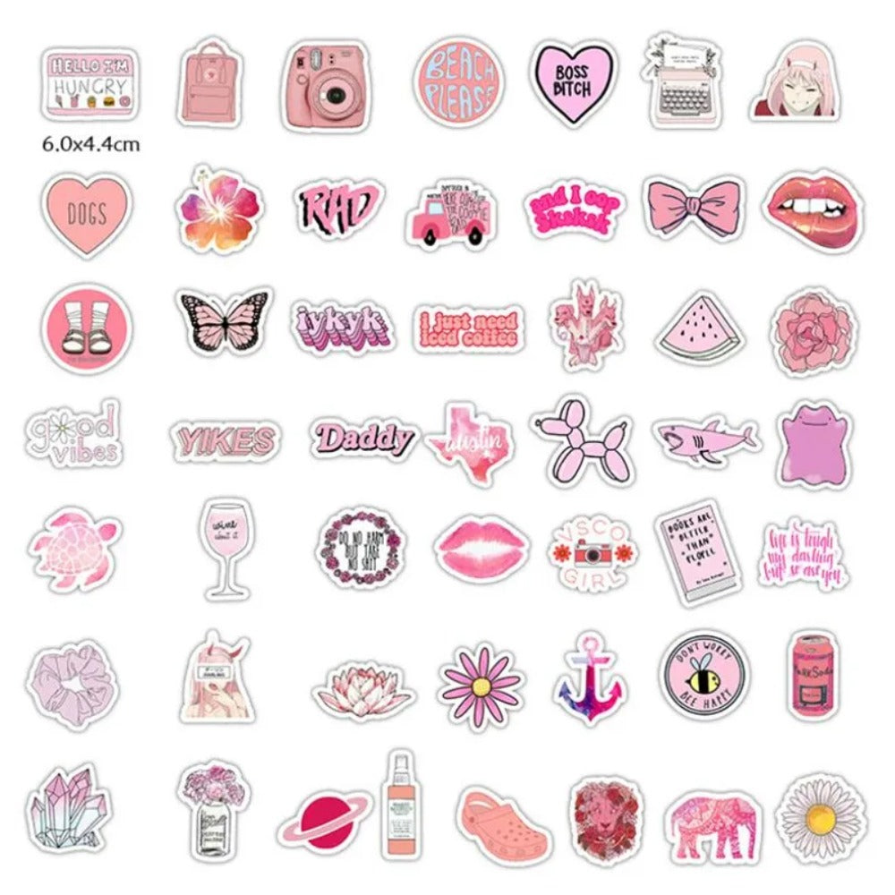 50PCS Cute Cartoon Pink Patterns Doodle Stickers Perfect for Skateboards, Luggage, Refrigerators, Water Bottles, Stationery Boxes, and Desktop DIY Decorations