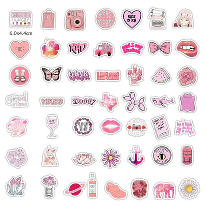 50PCS Cute Cartoon Pink Patterns Doodle Stickers Perfect for Skateboards, Luggage, Refrigerators, Water Bottles, Stationery Boxes, and Desktop DIY Decorations