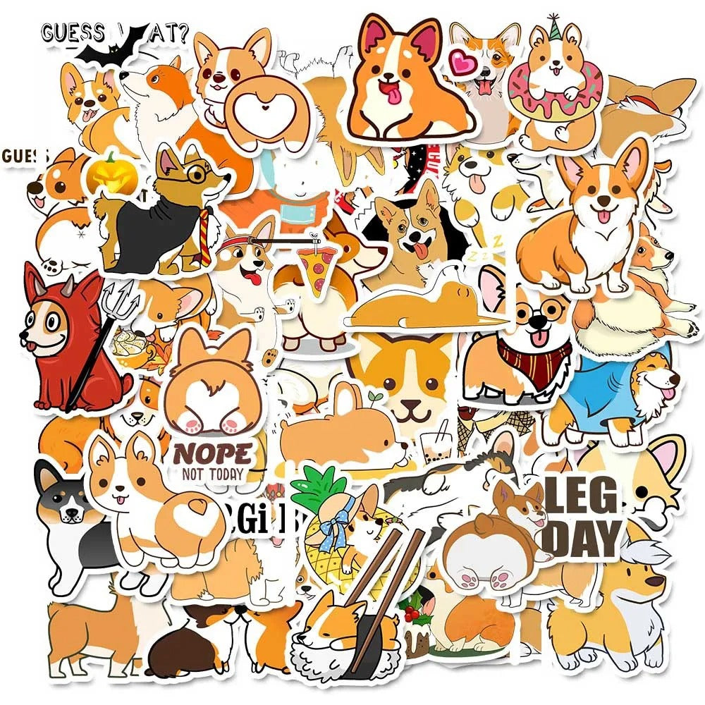 50PCS Cute Cartoon Corgi Puppy Animal Doodle Stickers Exquisite Fashion Creative DIY Journal Decorative Decals Suitable for Mugs, Helmets, Skateboards, Guitars, and Stationery Boxes