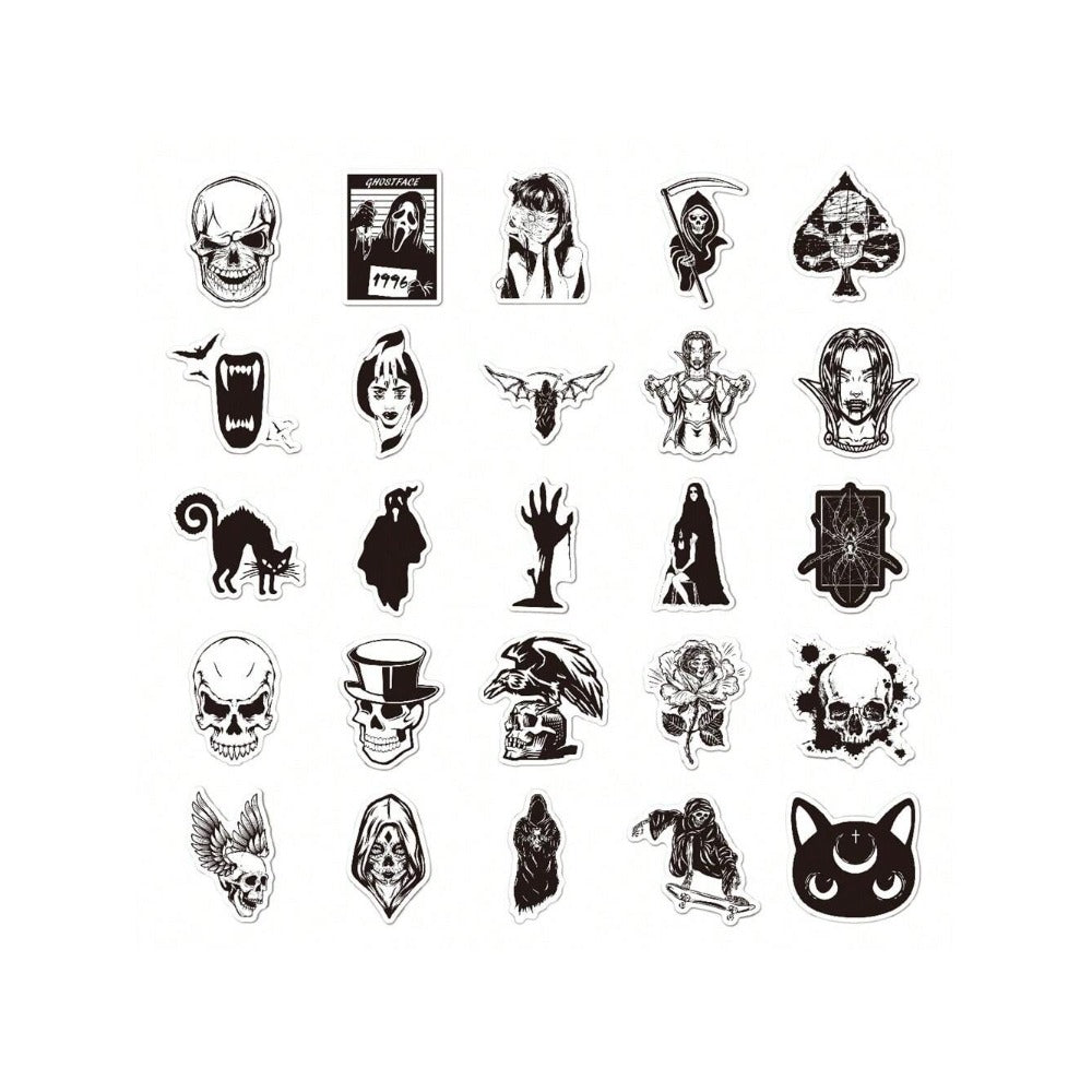 50PCS Cartoon Black & White Gothic Horror Doodle Stickers Exquisite, Fashionable, Creative DIY Journal Decor Decals Suitable for Water Bottles, Helmets, Skateboards, Pencil Cases