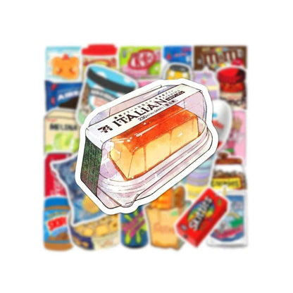 50PCS Ins Wind Snack Packaging Cute Doodle Stickers Exquisite Fashion Creative DIY Journal Decor Decals Suitable for Helmets, Guitars, Skateboards, Water Bottles, Refrigerators, Stationery Boxes