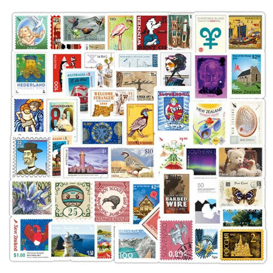 50PCS Geometric Vintage Stamp Stickers - Colorful Retro Decals for Journals, Planners, Water Bottles & Ephemera Lover Gifts