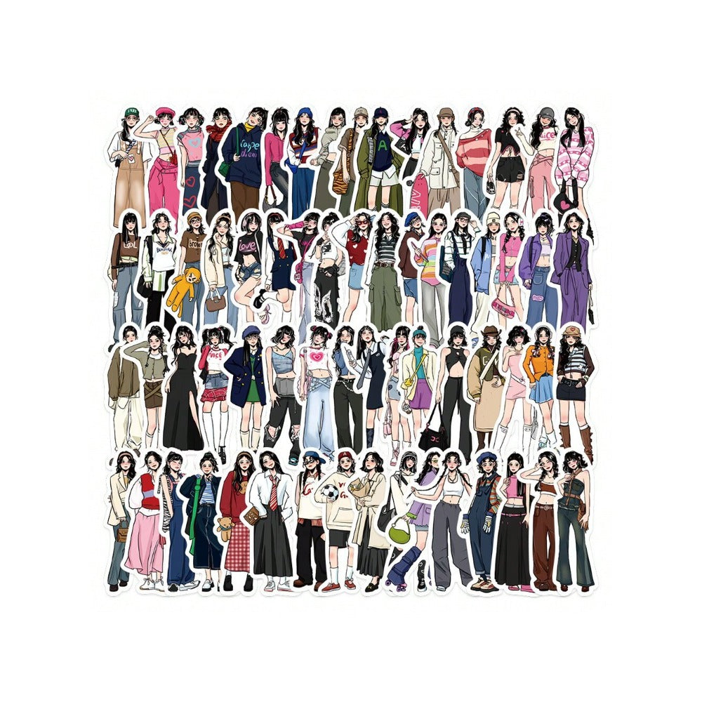 65PCS Cartoon Girl Wearing Graffiti Stickers - Exquisite, Fashionable, Creative DIY Journal Decorative Decals Suitable for Cups, Helmets, Skateboards, Guitars, and Stationery Boxes