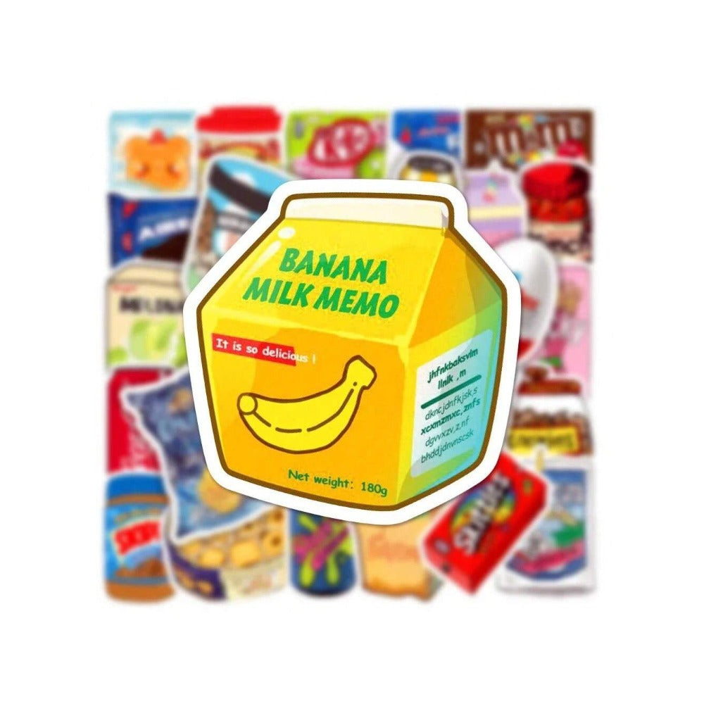 50PCS Ins Wind Snack Packaging Cute Doodle Stickers Exquisite Fashion Creative DIY Journal Decor Decals Suitable for Helmets, Guitars, Skateboards, Water Bottles, Refrigerators, Stationery Boxes