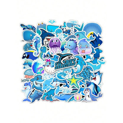 50PCS Cartoon Blue Marine Creature Doodle Stickers Exquisite, Stylish, Creative DIY Journal Decorations Suitable for Cups, Helmets, Skateboards, Pencil Cases, and Desktops