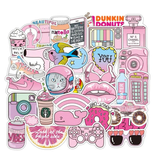 50PCS Pink Girl Theme Sticker Sheets, Cute Doodle Collection for Journal Decor, Vinyl Aesthetic Decals for Planners, Sketches, DIY Craft Projects, Y2K Style