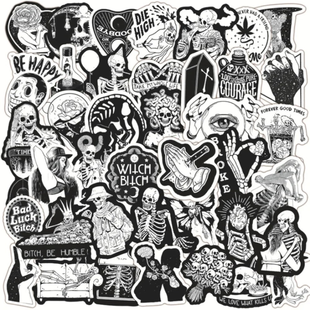 50PCS Cartoon Black & White Gothic Skull Graffiti Stickers Perfect for Suitcases, Skateboards, Water Bottles, Refrigerators, Stationery Boxes Exquisite DIY Desktop Decor Decals