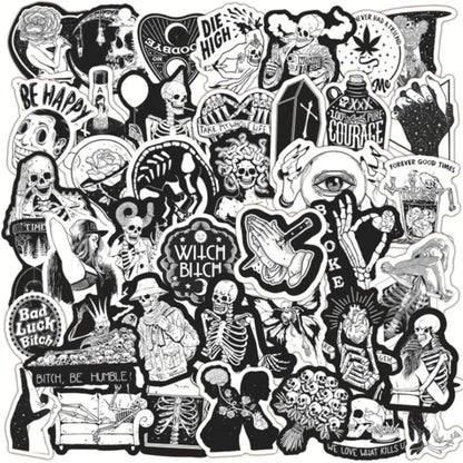 50PCS Cartoon Black & White Gothic Skull Graffiti Stickers Perfect for Suitcases, Skateboards, Water Bottles, Refrigerators, Stationery Boxes Exquisite DIY Desktop Decor Decals