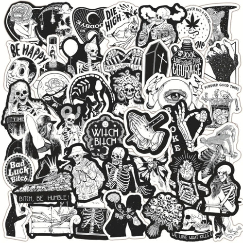 50PCS Cartoon Black & White Gothic Skull Graffiti Stickers Perfect for Suitcases, Skateboards, Water Bottles, Refrigerators, Stationery Boxes Exquisite DIY Desktop Decor Decals